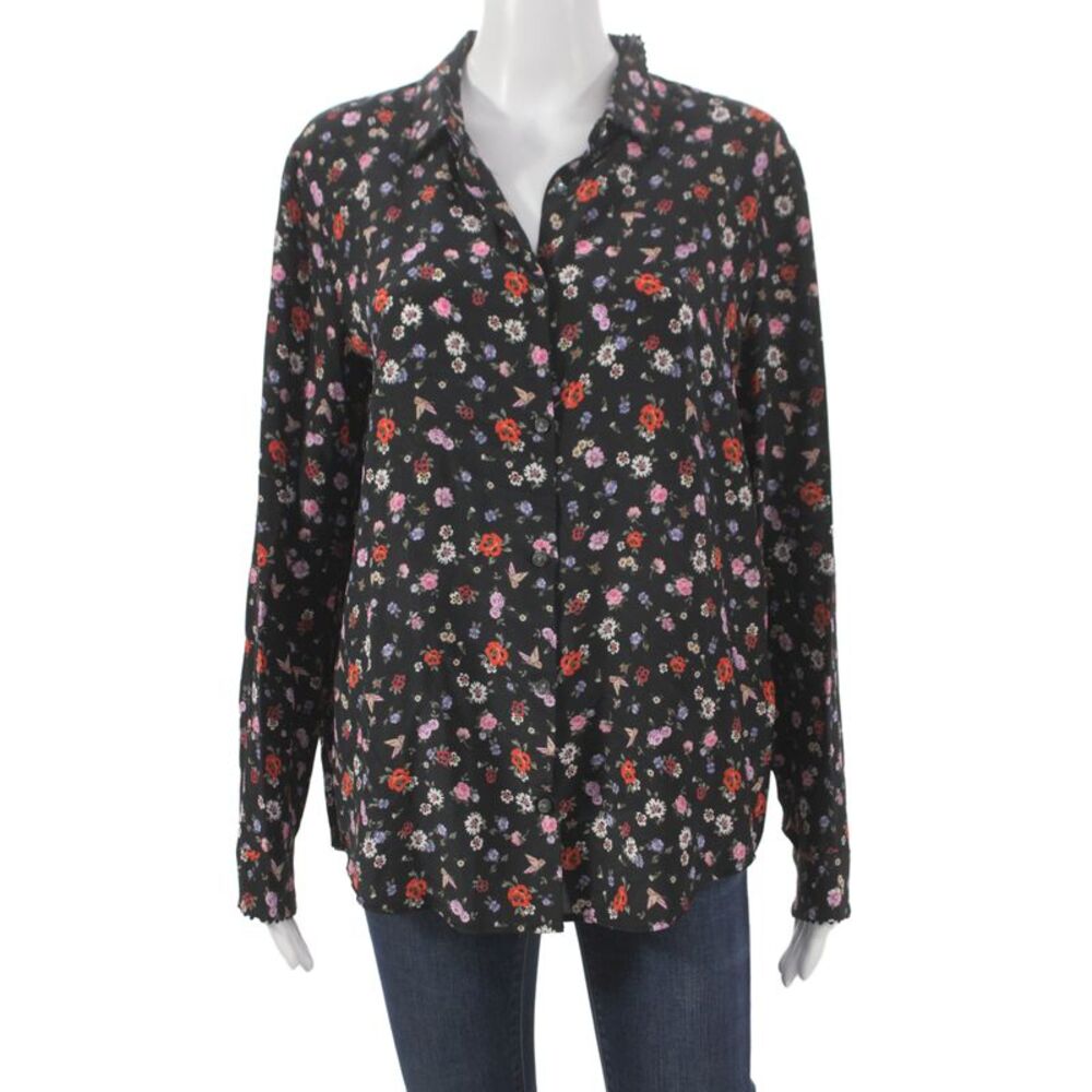 The Kooples Womens Black Silk Collared Floral Long Sleeve Basic Blouse Size S